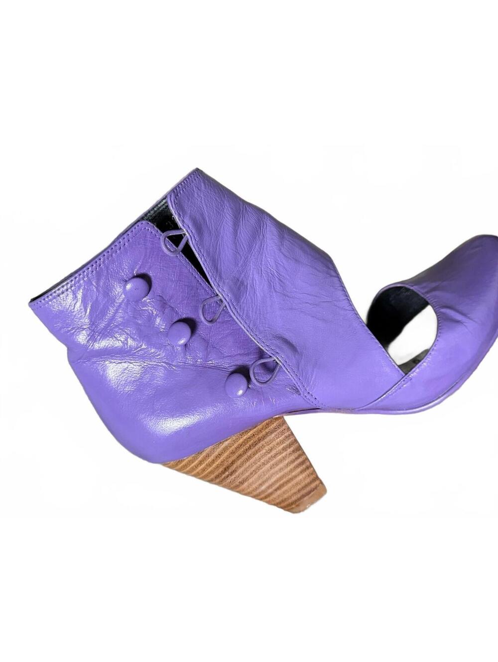 Women's Purple Leather Ankle Boots Block Wood Cone Heel Flap Buttons 38 8